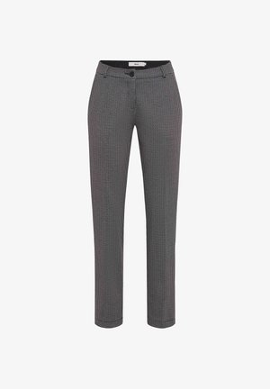 Black and white checked trousers, straight leg, featuring a button closure, belt loops, and side pockets. Smooth fabric with subtle texture.