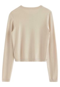 Beige long-sleeve sweater with a round neck, made of soft fabric, featuring ribbed cuffs and hem, and a fitted silhouette.