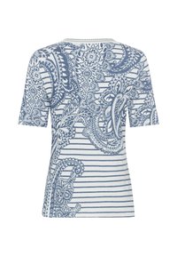 Gestreiftes T-Shirt in Weiß und Blau mit Paisleymuster, kurzen Ärmeln, rundem Halsausschnitt und leicht taillierter Form.