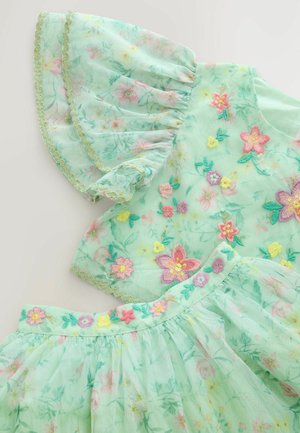 Zelena cvjetna haljina od prozirnog materijala, s izvezenim cvjetovima u ružičastoj, žutoj i plavoj boji. Raskošne rukave s dekorativnim obrubom.