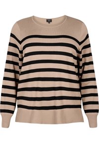 Pull en tricot beige avec des rayures horizontales noires, col rond et manches longues. Texture douce et détail en côte au bas.