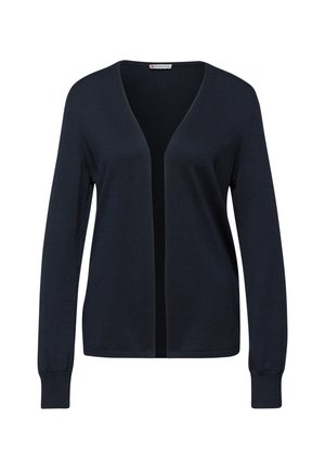 Cardigan bleu marine foncé à manches longues et bords-côtes aux poignets, en tissu maille doux, ouvert sur le devant.