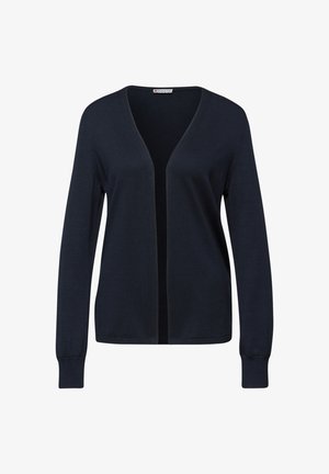 Granatowy, otwarty kardigan z długimi rękawami i ściągaczami przy mankietach, wykonany z miękkiej dzianiny.