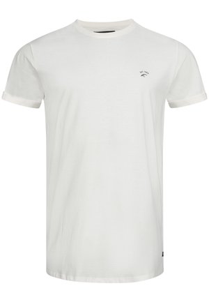 White cotton t-shirt, crew neck, short rolled sleeves, featuring a small black logo on the chest and a straight hemline.