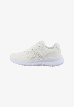 Weißer Sportschuh mit Mesh- und synthetischem Obermaterial, Schnürdesign und dicker, gepolsterter Sohle, mit Kappa-Logo an der Seite.