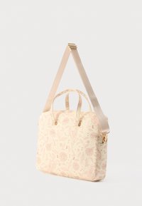 Kreemikas lillemustriga õlakott kahe sangaga ja eemaldatava rihmaga. Omab kuldseid aksessuaare ja siledat, tekstuurset viimistlust.