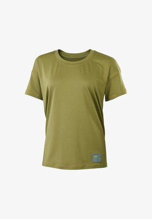 Olive green T-shirt made of a lightweight, textured fabric with short sleeves and a round neckline, featuring a logo tag at the hem.