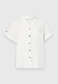 Blusa bianca a maniche corte con colletto, dotata di chiusura a bottoni con bottoni rotondi in tono oro. Realizzata in tessuto leggero.