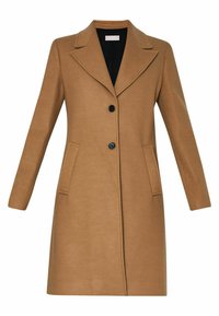 Kamelbrauner Mantel mit strukturierter Gestaltung, aufgeklappten Revers, zwei Vorder Taschen und schwarzen Knopfverschlüssen. Glatte Textur und lange Ärmel.