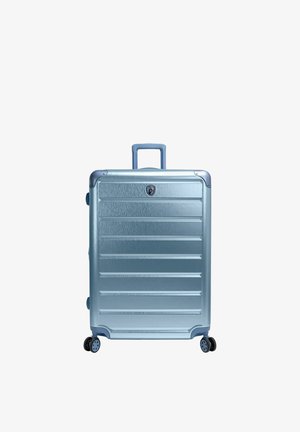 Maleta plateada de carcasa dura con cuatro ruedas y asa extensible, vista desde el frente sobre un fondo blanco.