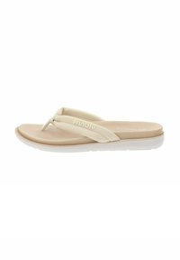 Infradito beige con una fascia liscia e flessibile e un plantare sagomato, dotato di suola testurizzata e suola esterna bianca.