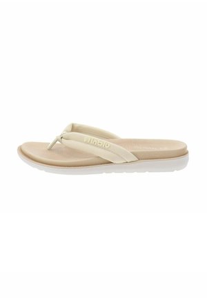 Infradito beige con una fascia liscia e flessibile e un plantare sagomato, dotato di suola testurizzata e suola esterna bianca.