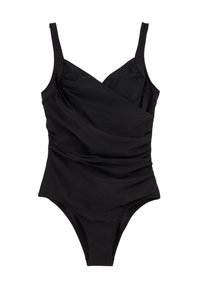 Must mustrõng, reguleeritavate rihmadega, drapeeritud disainiga ja reite keskosa katvusega. Valmistatud siledast, venivast kangast.