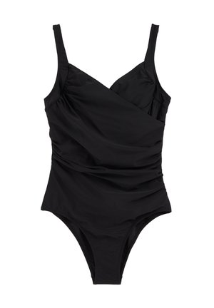 Fekete egyrészes fürdőruha állítható pántokkal, redőzött kialakítással és középhaladék fedéssel. Simább, rugalmas anyagból készült.