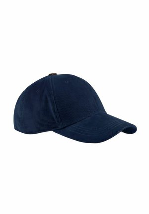 Navyblaues Cord-Baseballcap mit gebogenem Schirm und genähten Lüftungslöchern auf weißem Hintergrund.