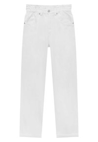 Weiße Jeans mit lockerer Passform, ausgestattet mit einem elastischen Bund, zwei Vordertaschen und silbernen Hardware-Akzenten.