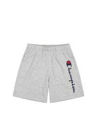 Graue Sportshorts aus einem Baumwollmix. Sie haben einen elastischen Bund und ein navyblaues "Champion"-Logo auf der linken Seite.