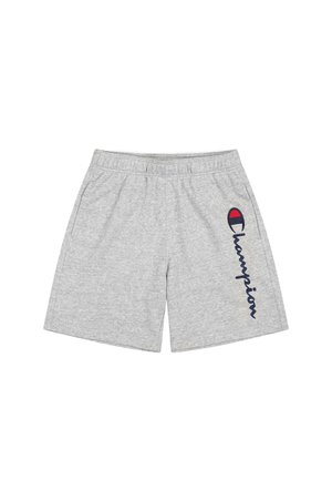 Graue Sportshorts aus einem Baumwollmix. Sie haben einen elastischen Bund und ein navyblaues "Champion"-Logo auf der linken Seite.