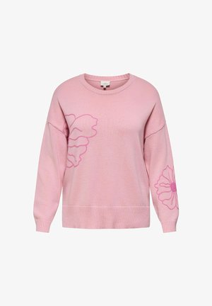 Vaaleanpunainen neulottu pusero, jossa pitkät hihat, pyöreä pääntie ja tummemman vaaleanpunaiset kukkakuviot etuosassa ja vasemmassa hihassa. Resorit hihansuissa ja helmassa.