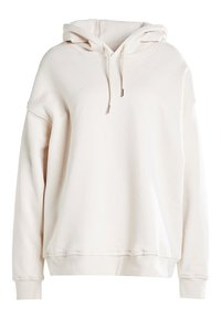 Felpa oversize color crema con cappuccio regolabile, maniche lunghe e polsini e orlo a coste, mostrata su uno sfondo bianco.