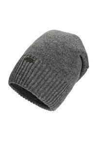 Grijze gebreide beanie muts met geribbelde textuur, slouchy ontwerp en een klein logo label aan de zijkant. Zacht, warm materiaal.