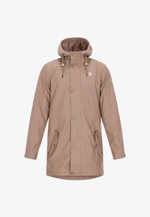 Beige waterdichte jas met een capuchon, drukknoopsluiting, twee zijzakken en trekkoorddetails. Gladde textuur, iets losse pasvorm.