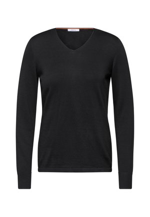 Haut noir à manches longues en V, fabriqué en tissu doux. Présente une coupe ajustée et des poignets côtelés. Conception simple sans motifs ni accents supplémentaires.