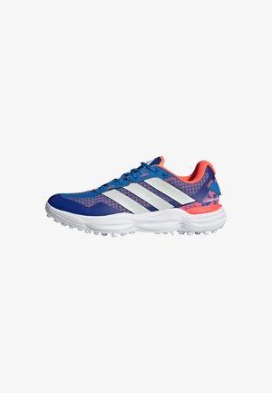 Blaue und pinke Sportschuhe mit einem Obermaterial aus Mesh, weißen Streifenakzenten, gepolsteter Sohle und Gummitraktionsaußensohle für besseren Halt.