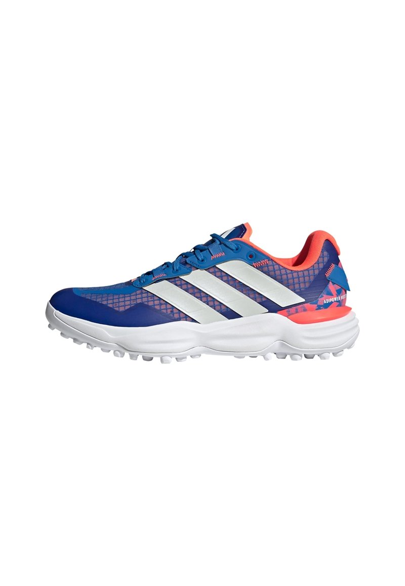 Blue and pink sports shoes with mesh upper, white stripe accents, cushioned sole, and rubber traction outsole for grip.