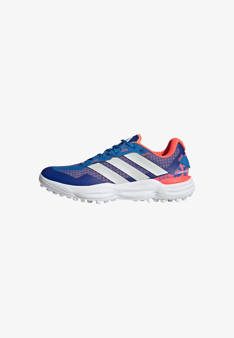 Blue and pink sports shoes with mesh upper, white stripe accents, cushioned sole, and rubber traction outsole for grip.