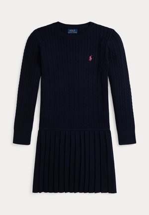 Robe bleu marine en maille torsadée à manches longues avec jupe plissée et petit logo Polo Ralph Lauren rose brodé sur la poitrine.