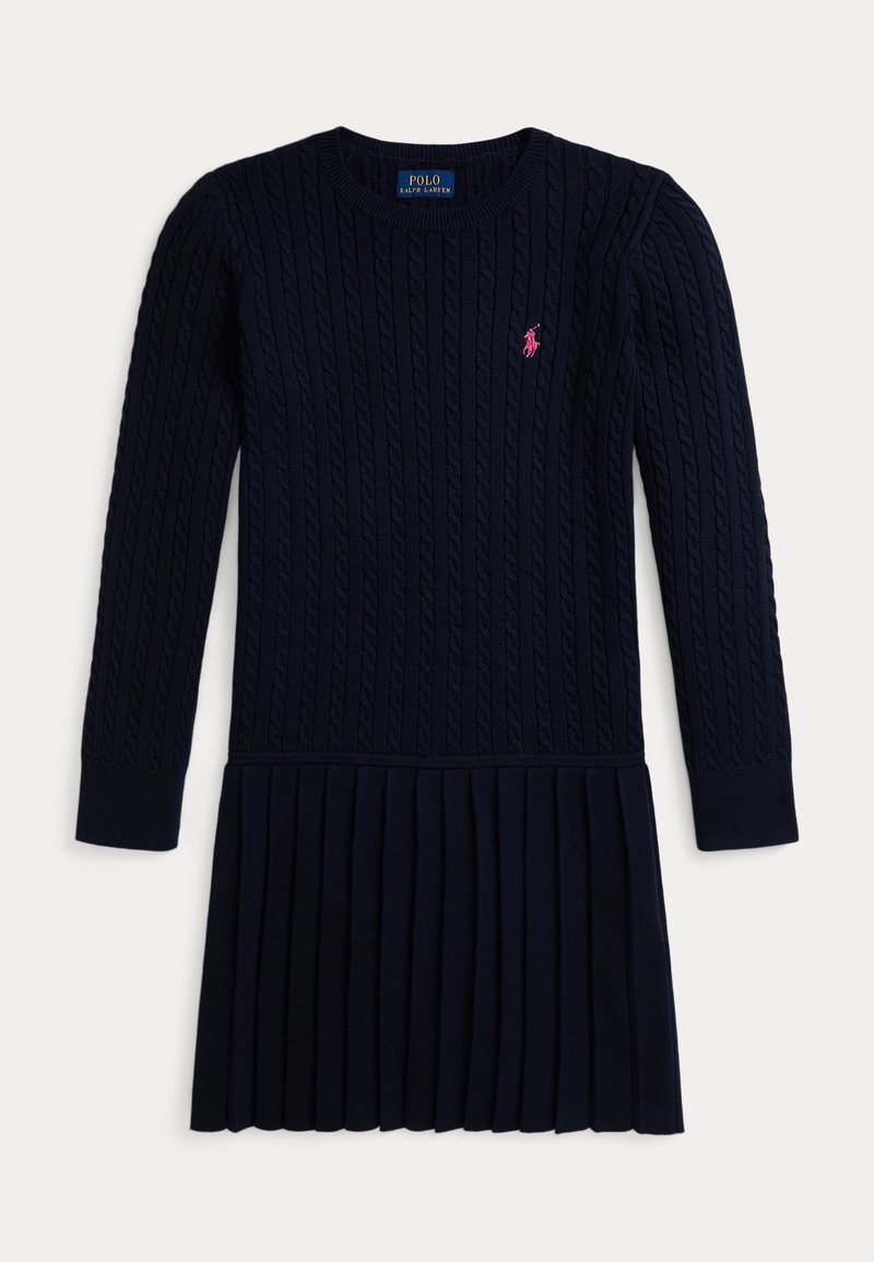 Robe bleu marine en maille torsadée à manches longues avec jupe plissée et petit logo Polo Ralph Lauren rose brodé sur la poitrine.