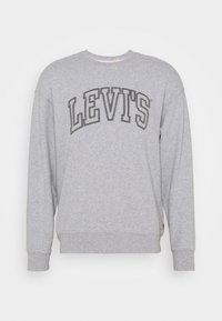 Sweat-shirt gris avec col rond et manches longues. Présente un logo "LEVI'S" gris foncé sur la poitrine. Poignets et ourlet côtelés. Texture douce.