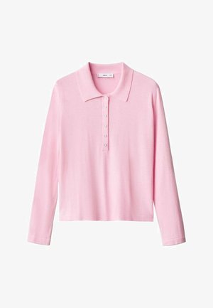 Polo a maniche lunghe rosa chiaro con colletto classico e patta con sei bottoni. Realizzato in tessuto morbido e leggero con una texture liscia.