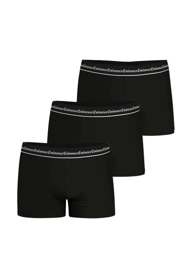 Un ensemble de boxers en coton noir avec une texture lisse, dotés d'une large ceinture élastique portant la marque "Eminence." Trois paires sont exposées.