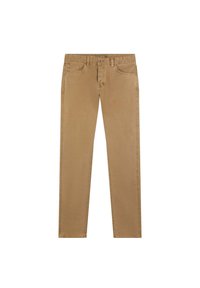 Pantalons en coton beige avec une coupe droite, dotés de cinq poches, d'une fermeture à bouton sur le devant et de coutures décoratives le long des coutures.