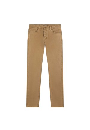 Beige Baumwollhose mit geradem Schnitt, fünf Taschen, einer vorderen Knopfverschluss und genähten Details entlang der Nähte.