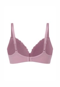 Himmelblaues BH mit Spitzenbesatz, Dreieckschalen und verstellbaren Trägern. Verfügt über einen gerippten Stoff und einen Haken- und Ösenverschluss hinten.