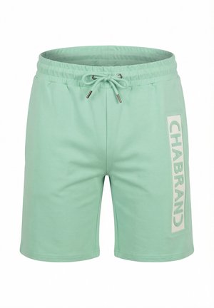 Pantalones cortos casuales para hombre en verde claro con cintura ajustable mediante cordón y logo vertical "CHABRAND" en la pierna izquierda.