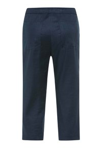 Pantaloni blu navy cropped con ampia vita elastica, due tasche posteriori, texture liscia e design a gamba dritta.