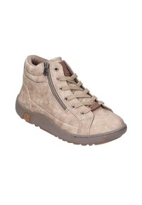Zapatilla alta en ante beige con cierre de cordones en la parte delantera, cremallera lateral y suela de goma. Presenta costuras y detalle del logo en el costado.