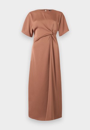 Καφέ midi φόρεμα με κοντά μανίκια, λεπτομέρεια δεσίματος στη μέση και λείο, ρέον εμπρός μέρος.