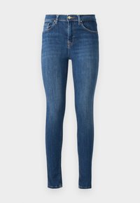 Skinny jeans in dark blue denim with five pockets, front button closure, and a smooth texture. Slight fading along the thighs and knees.
