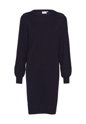 Vestido de punto marino con mangas largas abullonadas de canalé y escote redondo. Textura suave, mantiene una silueta ajustada con un dobladillo ligeramente curvado.