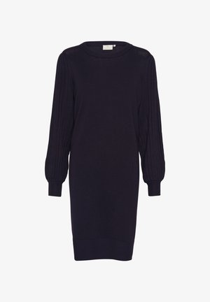 Navy knit dress with long, ribbed puff sleeves and a crew neckline. Smooth texture, maintains a fitted silhouette with a slightly curved hem.