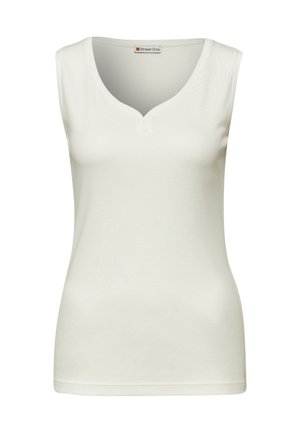 Witte mouwloze top met een V-hals en twee knopen aan de voorkant. Gemaakt van zachte, rekbare stof met een gladde textuur en een aansluitend ontwerp.