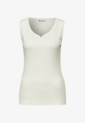 Witte mouwloze top met een V-hals en twee knopen aan de voorkant. Gemaakt van zachte, rekbare stof met een gladde textuur en een aansluitend ontwerp.