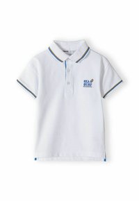 Bílá polo košile vyrobená z bavlny s krátkými rukávy. Obsahuje límec s modro-žlutými pruhy a vyšitým logem "SEA SURF" na hrudi.