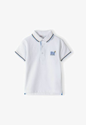 Balta medvilninė polo marškinėliai su trumpomis rankovėmis. Jų ypatybės - mėlynas ir geltonas dryžuotas apykaklė bei siuvinėtas "SEA SURF" logotipas krūtinėje.