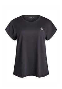 Černé tričko s krátkým rukávem vyrobené z jemné látky, s kulatým výstřihem a malým vzorovaným detailem na levé straně.